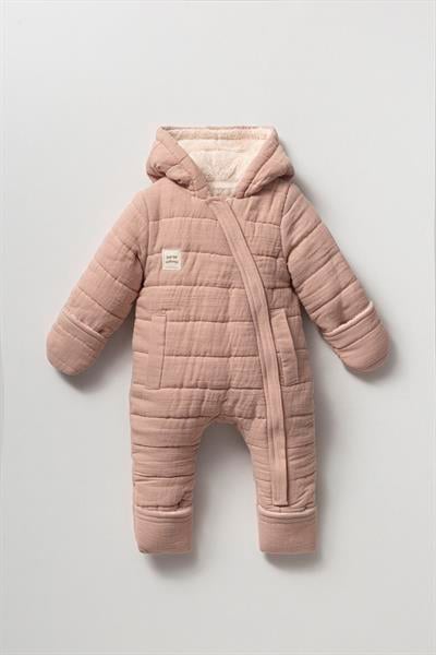 Kız Bebek Organik Pamuklu Pembe Kapitone Kışlık Tulum - Kapüşonlu
