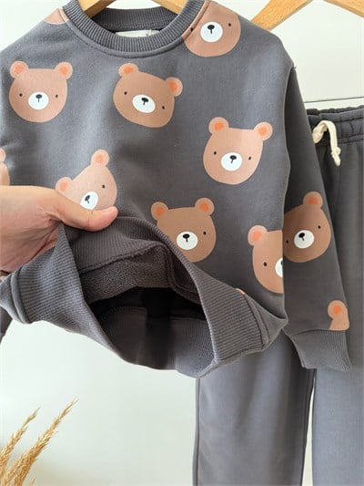 Çocuk Ayıcık Desenli Antrasit Sweatshirt ve Bol Paça Pantolon Takımı