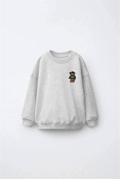 Çocuk Pamuklu Ayıcık Nakışlı Açık Gri Sweatshirt
