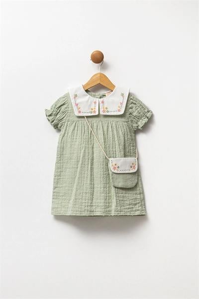 Kız Çocuk Pamuklu Müslin  Çiçek Nakışlı Gömlek Yaka Çantalı Elbise  