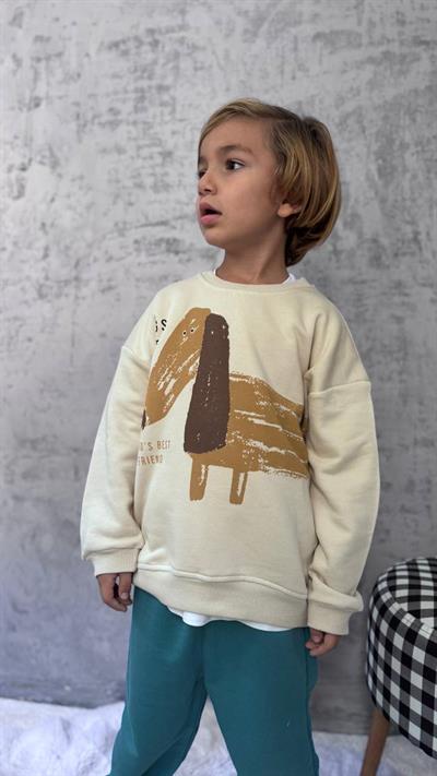 Erkek Çocuk Pamuklu Krem Köpek Desenli Sweatshirt ve Mavi Eşofman Altı Takım - Yumuşak Kumaş Konforu