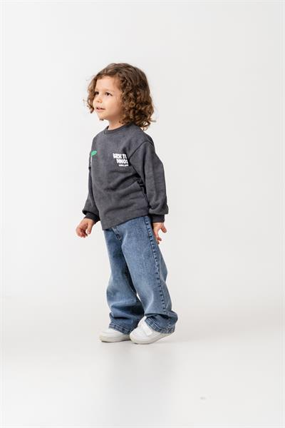 Erkek Çocuk Pamuklu Füme Dinozor Baskılı Sweatshirt ve Mavi Jean Pantolon Takım - Günlük Rahat Stil