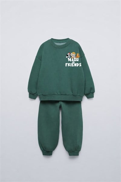 Çocuk Pamuklu Magu Friends Baskılı Yeşil Sweatshirt ve Eşofman Altı Takımı