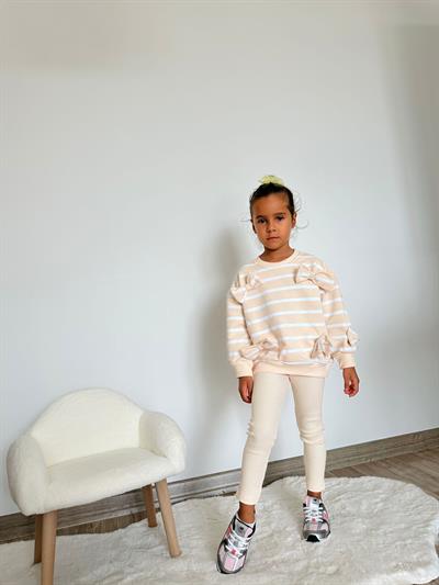 Kız Çocuk Pamuklu Sarı Çizgili Fiyonk Detaylı Sweatshirt ve Ribana Tayt Takım