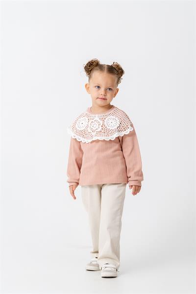 Kız Çocuk Pamuklu Pudra Dantel Yaka Uzun Kollu Bluz - Şık Günlük Stil