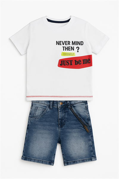 Erkek Çocuk Pamuklu Baskılı T-shirt ve Fermuar Detaylı Kot Şort Takım