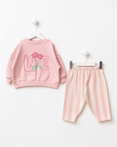 Kız Çocuk Pamuklu Kiraz Baskılı Pembe Sweatshirt ve Çizgili Pantolon Takımı