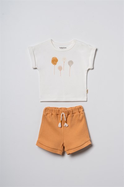 Unisex Bebek Pamuklu Ekru Hardal Tişört Şort Takım - Çiçek Baskılı