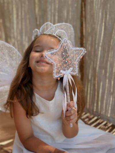 Kız Çocuk Simli Peri Kanat, Taç ve Asa Aksesuar Seti - 3 Parça