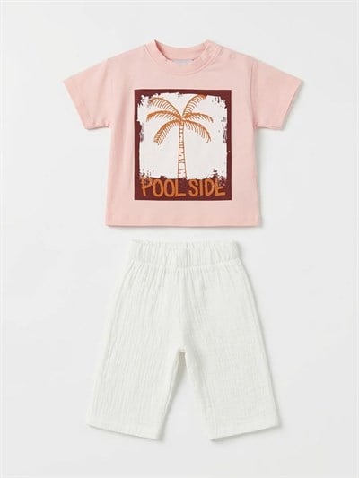 Unisex Bebek Pamuklu Pudra Pool Side Baskılı Tişört Müslin Kapri Takım