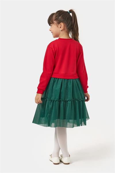 Kız Çocuk Pamuklu Kırmızı Geyik Desenli Sweatshirt ve Yeşil Tül Etek Takımı - Yılbaşı Konseptli