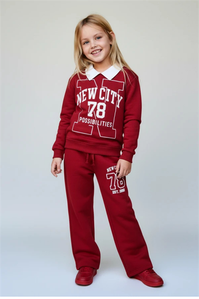 Kız Çocuk Pamuklu Bordo New City 78 Baskılı Eşofman Takımı - Rahat Kalıp