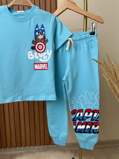 Erkek Çocuk Pamuklu Mavi Bluey & Marvel Baskılı Takım - Kaptan Amerika Temalı