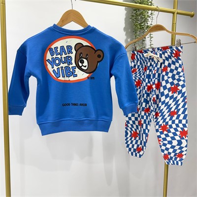 Çocuk Ayıcık Baskılı Mavi Sweatshirt ve Desenli Eşofman Altı Takımı
