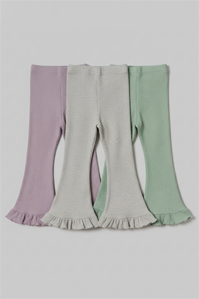 Kız Çocuk Pamuklu 3lü Lila Yeşil Gri Fırfır Paçalı Ribana Tayt Seti – Esnek Rahat Kalıp