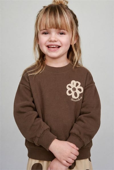 Kız Çocuk Pamuklu Çiçek Baskılı Kahverengi Sweatshirt ve Puantiyeli Eşofman Takımı