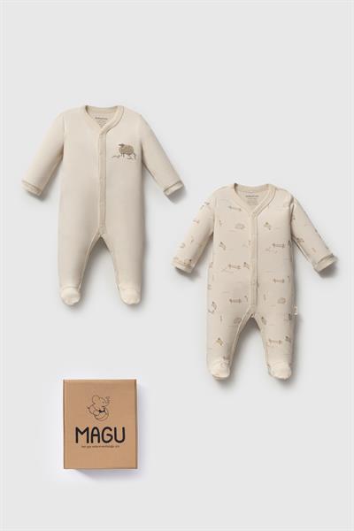 Unisex Bebek Pamuklu Bej Koyun Desenli 2li Tulum Seti - Magu Organik Koleksiyon