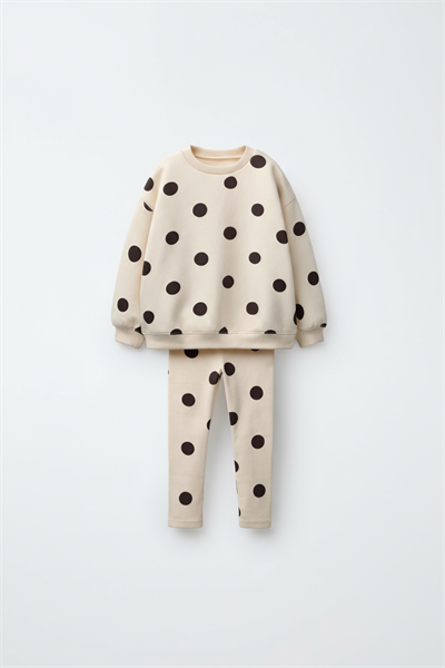 Kız Çocuk Pamuklu Bej Puantiye Desenli Sweatshirt Tayt Alt-Üst Takım
