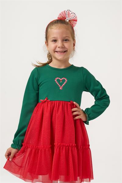 Kız Çocuk Pamuklu Yeşil Kalpli Uzun Kollu Tüllü Kırmızı Etekli Elbise - Yılbaşı Konseptli