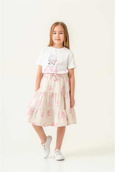 Kız Çocuk Pamuklu Çiçek Desenli T-shirt ve Etek Takım