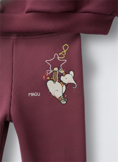 Kız Çocuk Pamuklu Bordo Kalpli Magu Baskılı Sweatshirt Eşofman Takım