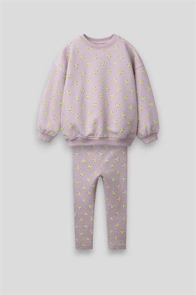 Kız Çocuk Pamuklu Lila Çiçek Desenli Sweatshirt ve Tayt Takım