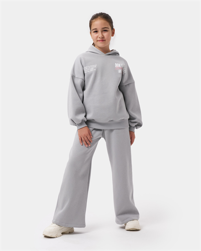 Kız Çocuk Pamuklu Gri Kapüşonlu  Sweatshirt ve Palazzo Eşofman Takımı