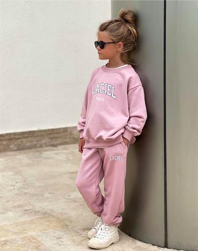 Unisex Çocuk Slogan Desenli Pamuklu Sweatshirt Eşofman Tayt Alt-Üst Takım