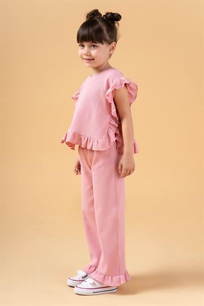 Kız Çocuk Pamuklu Pembe Fırfırlı Takım - Kısa Kollu Üst ve Bol Paça Pantolon