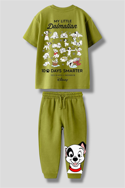 Erkek Çocuk Pamuklu Yeşil Sevimli Köpek Desenli Eşofman Takımı – T-shirt ve Jogger Alt