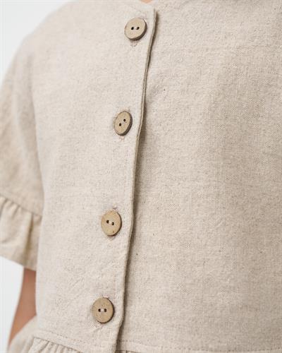 Kız Çocuk Keten Bej Fırfır Detaylı Düğmeli Bol Paça Pantolonlu İkili Takım