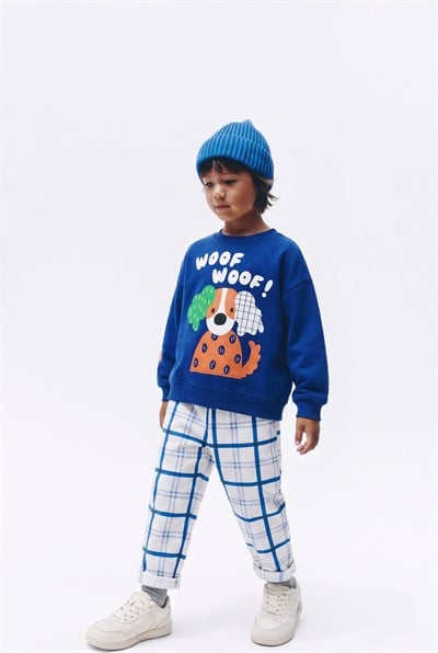 Çocuk Pamuklu Köpek Baskılı Mavi Sweatshirt ve Eşofman Takımı
