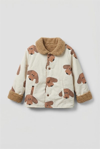 Unisex Çocuk Pamuklu Krem Köpek Desenli Peluş Yaka Ceket
