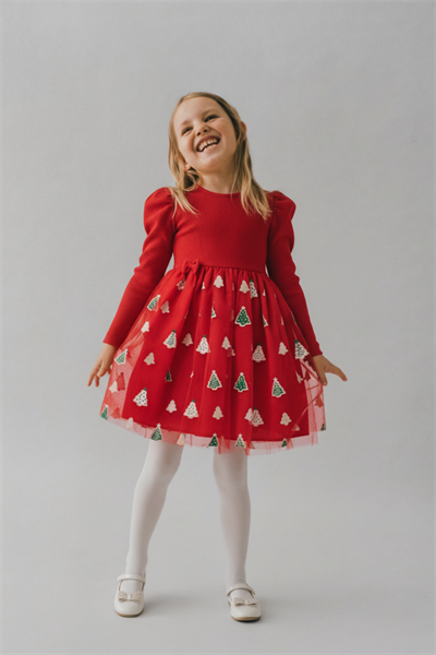 Kız Çocuk Pamuklu Kırmızı Noel Ağacı Desenli Tüllü Elbise - Balon Kollu Yılbaşı Elbisesi