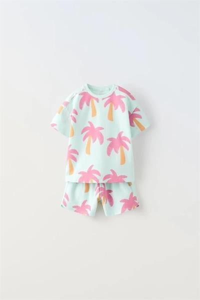 Unisex Çocuk Pamuklu Mint Palmiye Desenli T-shirt ve Şort Takım – Yazlık İki Parça Set
