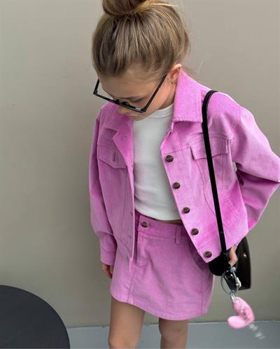 Kız Çocuk Pamuklu Fuşya Ceketli Etek Takım - Düğme Detaylı Crop Ceket