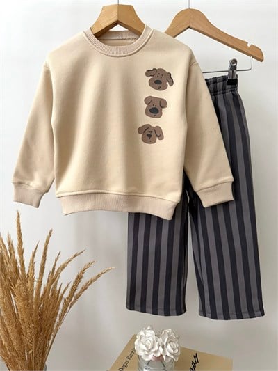 Çocuk Pamuklu Köpek Baskılı Bej Sweatshirt ve Çizgili Eşofman Takımı