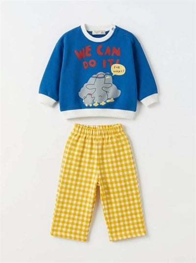 Çocuk Pamuklu Fil Baskılı Mavi Sweatshirt ve Sarı Pötikare Pantolon Takımı