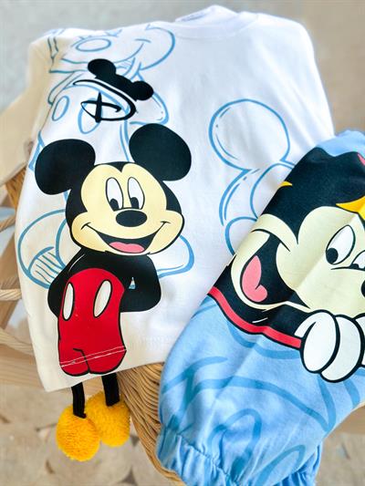 Erkek Çocuk Pamuklu Beyaz Mickey Mouse Baskılı T-shirt ve Mavi Eşofman Altı Takım