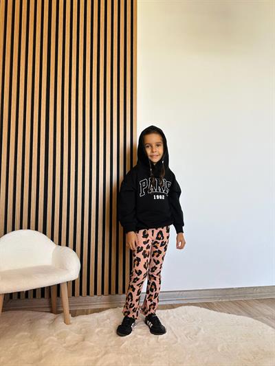 Kız Çocuk Pamuklu Siyah Kapüşonlu Sweatshirt Leopar Desenli Pantolon Takım