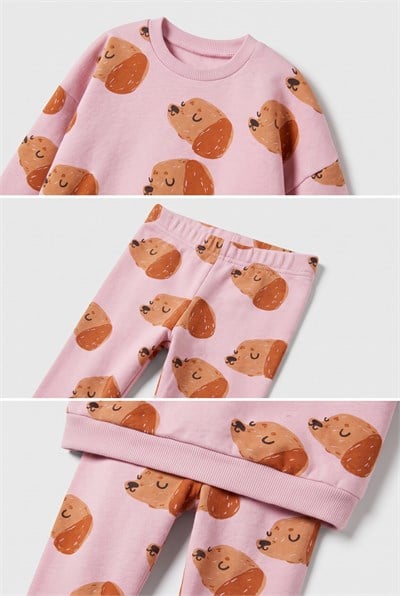 Kız Çocuk Pamuklu Köpek Desenli Pembe Sweatshirt ve Tayt Takımı
