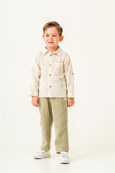 Erkek Çocuk Ekru Palmiye Desenli Gömlek ve Haki Keten Pantolon Takımı