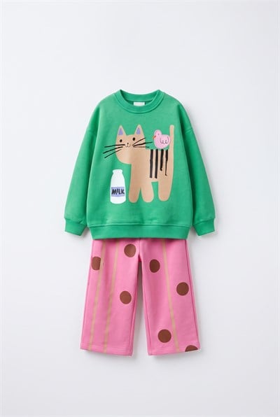 Çocuk Pamuklu Kedi Baskılı Yeşil Sweatshirt ve Puantiyeli Pembe Eşofman Takımı