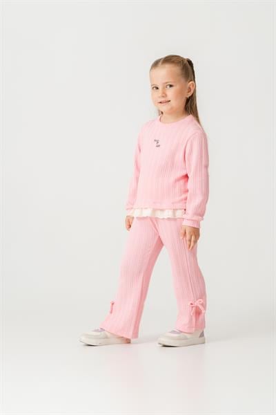 Kız Çocuk Pamuklu Pembe Fisto Detaylı Sweatshirt Eşofman Takım - Konforlu Günlük Giyim