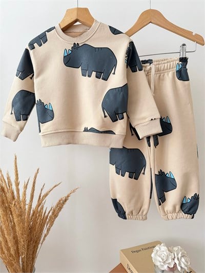 Çocuk Pamuklu Gergedan Desenli Bej Sweatshirt ve Eşofman Altı Takımı