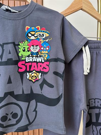 Brawl Stars Çocuk Eşofman Takımı Koyu Gri Tişört ve Eşofman Alt-Üst Takım