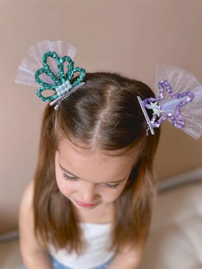 Kız Çocuk Deniz Kızı Temalı Payetli Toka Seti – Taç ve Yıldız Figürlü, Tüllü