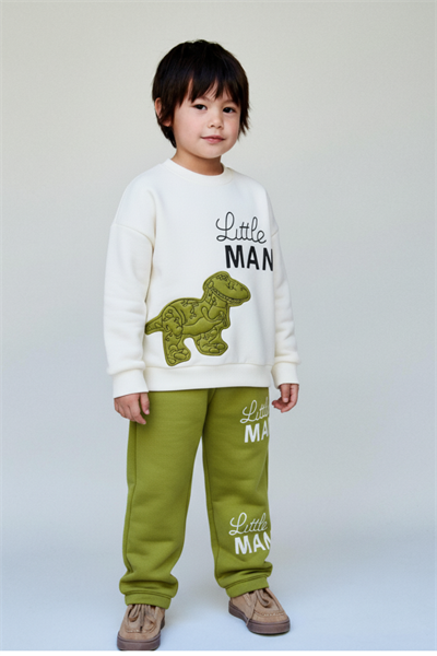 Erkek Çocuk Pamuklu Yeşil Little Man Dinazor Baskılı Eşofman Takımı - Rahat Kalıp Model