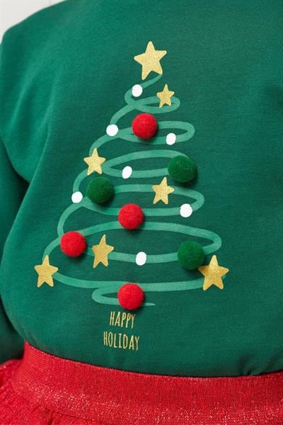 Kız Çocuk Pamuklu Yeşil Yılbaşı Ağaç Baskılı Uzun Kollu Kırmızı Tüllü Takım - Happy Holidays Temalı