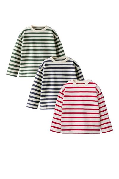 Unisex Çocuk Pamuklu Renkli Çizgili Uzun Kollu T-shirt 3lü Set - Yeşil, Lacivert, Kırmızı